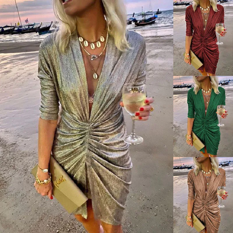 

Women New Years Eve Dress Sexy Deep V Neck Long Sleeve Pencil Dress Fashion Solid Ruched Sparkly Night Club Party Gown