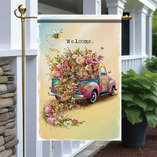 Vintage Flower Truck Garden Flag Double Sided Outdoor Yard Banner, 12x18 Inch XXQ