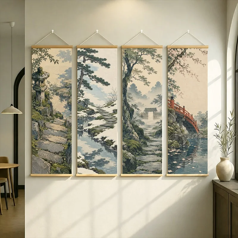 Pine Trees and Red Bridge Hanging Scroll in a Traditional Green Ink Wash Mountain Landscape Style for a Cozy Reading Nook