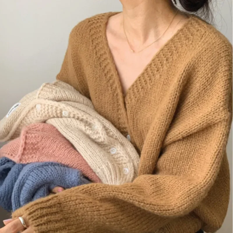 Neue Chic Herbst/Winter V-ausschnitt Strickjacke frauen Lange-ärmeln Pullover einreiher Strickwaren Süße Casual Mode oberbekleidung