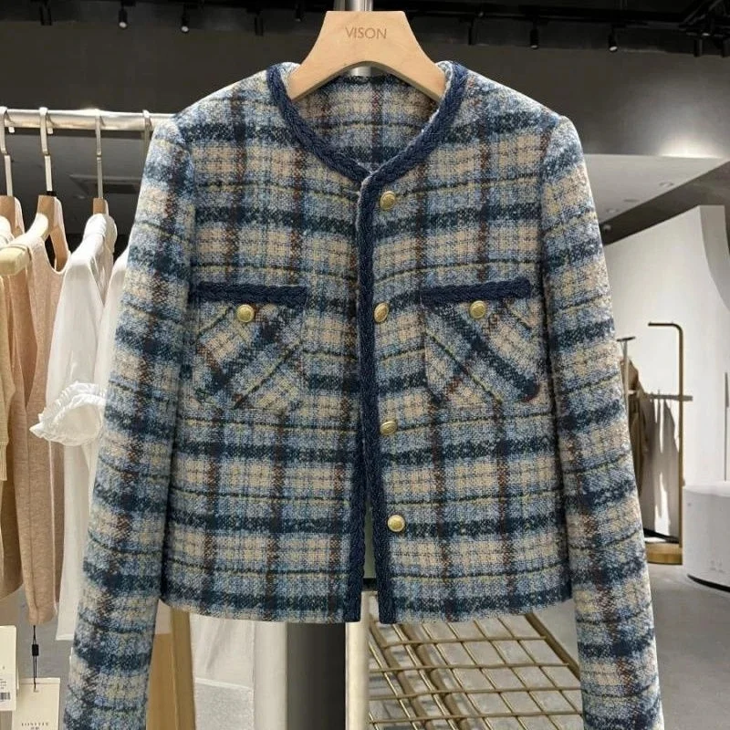 2025 New Autumn Korean Small Fragrant Coat Women Short Jacket Female Tweed Wool Outwear Casual Plaid