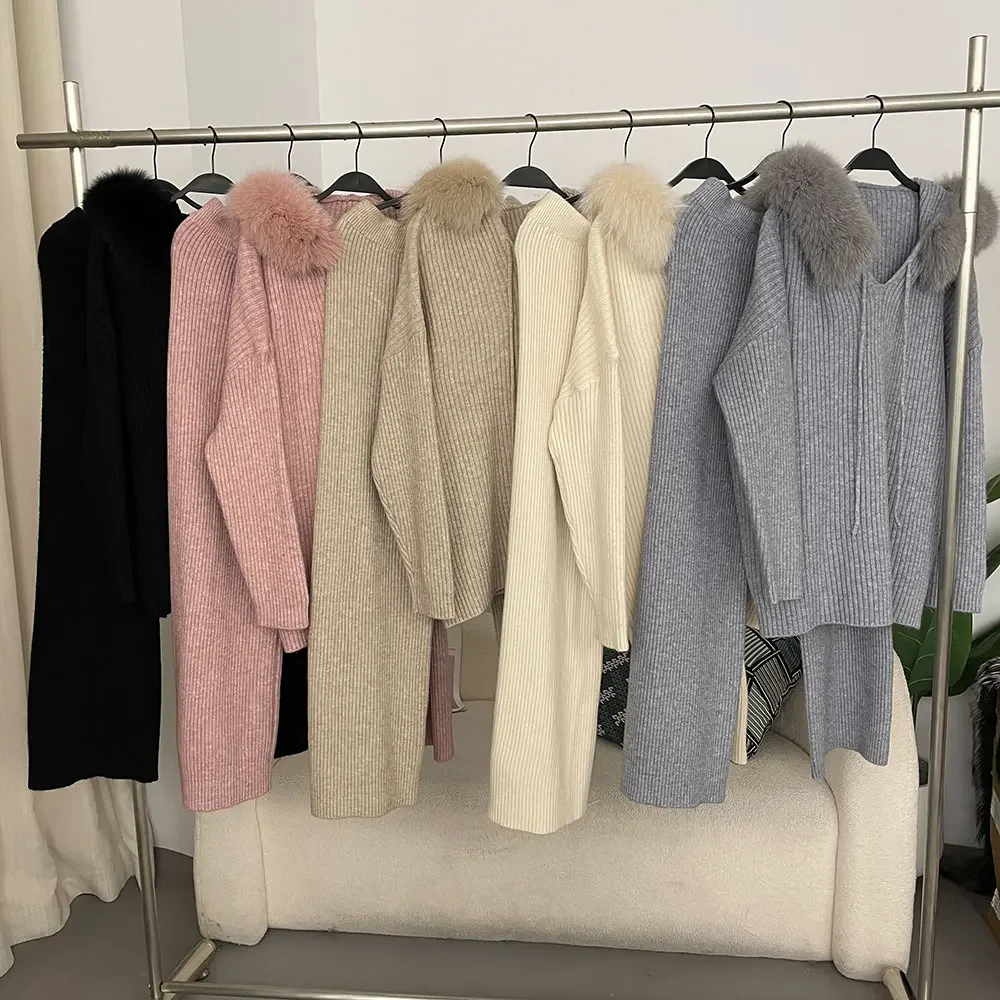

Knitwear New Sweater Women Knitwear Knitted Set Spring Autumn Real Fox Fur Sweater Natural Fur Cuffs Long Pants Knitted Suit