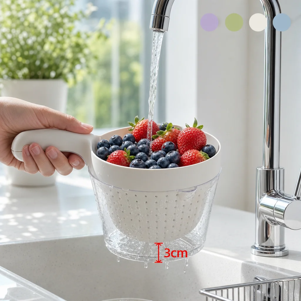 Portable 2-in-1 Drain Bowl Mini Fruit Vegetable Colander with Handle Multi Pastel Color Kitchen Strainer
