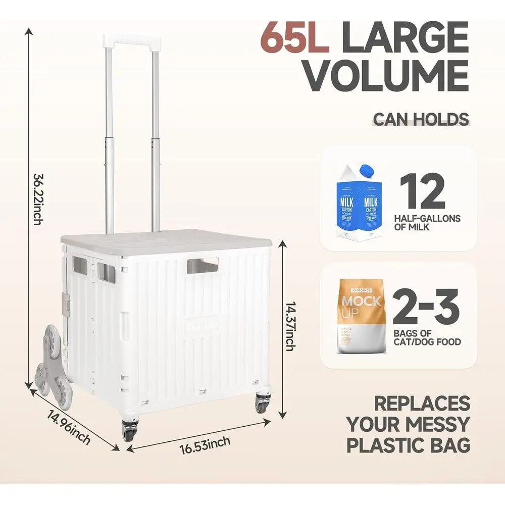 Stair-Climbing Rolling Crate for Shopping, Laundry, and Teaching - White