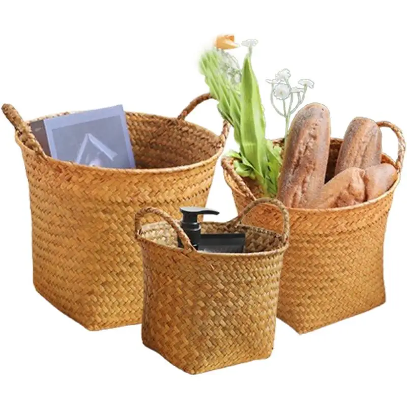 

Small Basket With Handle Natural 3x Woven Plant Pot Holder With Handle Rustic Handmade Home Decor Storage Organizer For Garden