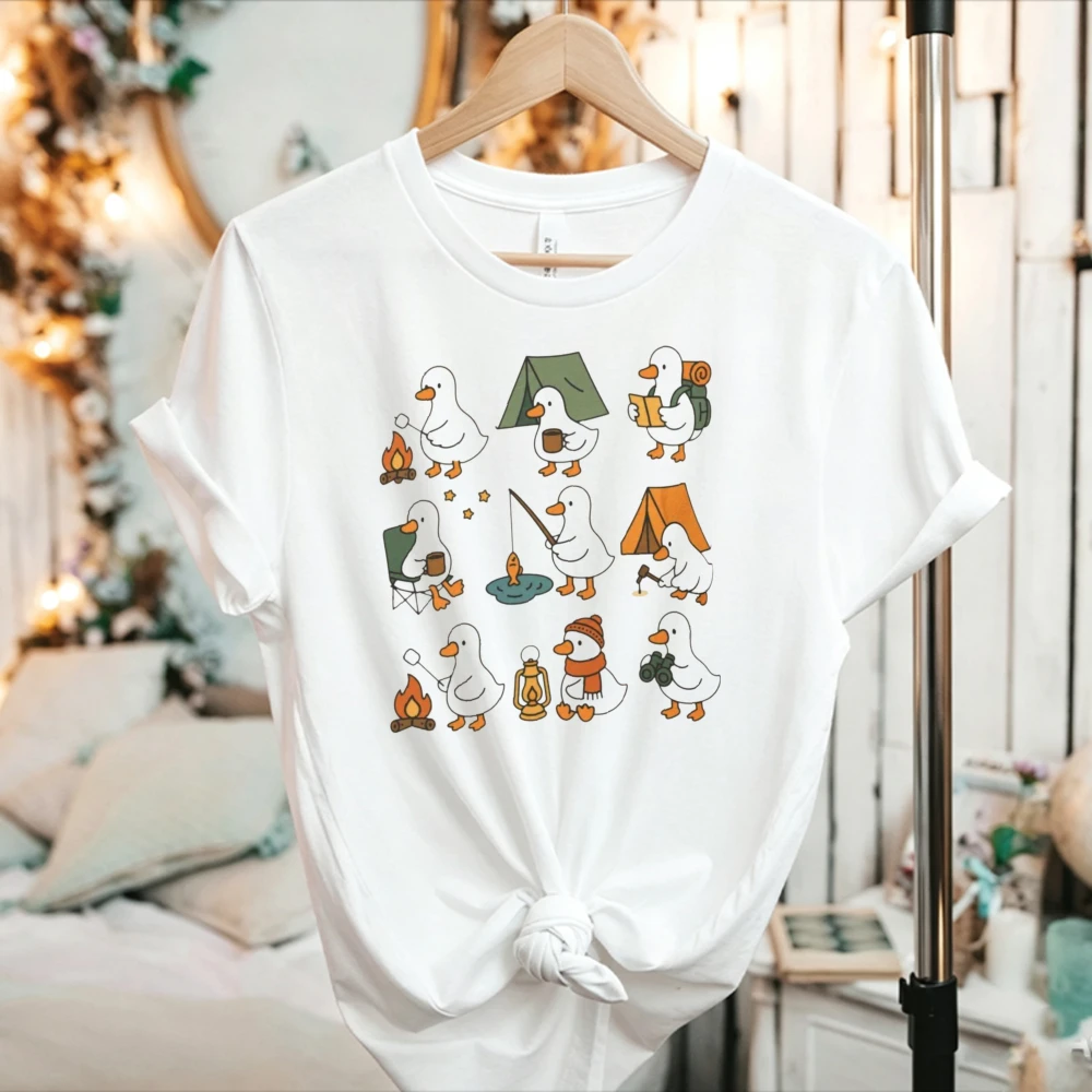Cute Cartoon Camping Duck Graphic Cotton T Shirt Women Outdoor Casual Camper Short Sleeve Tee Kawaii Clothes Harajuku Shirt Tops