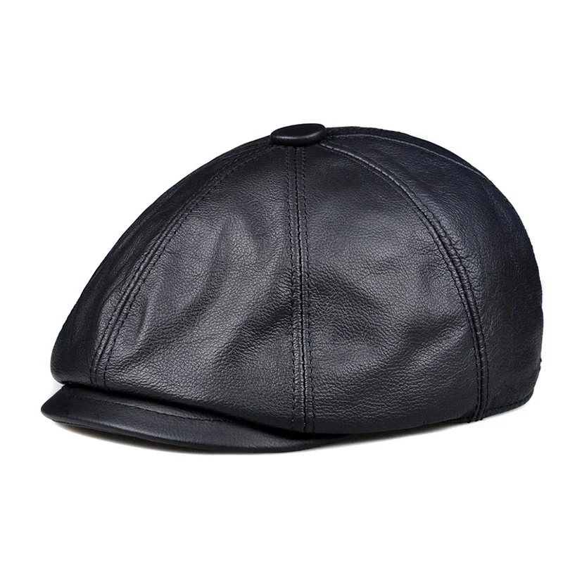 Men Genuine Leather Warm Octagonal Cap Casual Vintage Duckbill Cap Golf Driving Flat Cabbie Hat Winter Male Artist Gatsby Cap