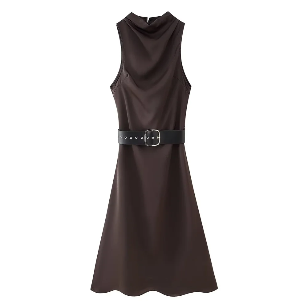 حزام نسائي مزين بملمس حريري ورقبة دائرية بدون أكمام فستان ربيع/صيف ملابس نسائية جديدة