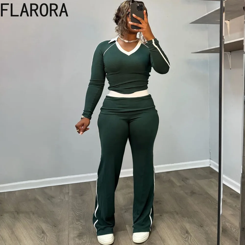 

FLARORA Casual Sporty 2 Piec Sets Woman Stripe Patchwork Long Sleeve Slim Tops And High Waist Pants Suit Fall Street Tracksuits