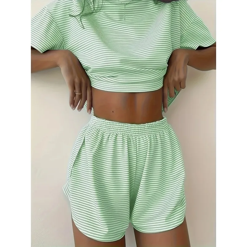 Plus Size New Summer Women's Home Simple Fit Solid Color Striped Elastic Waist Short Sleeved Shorts Two-piece Set - Image 2