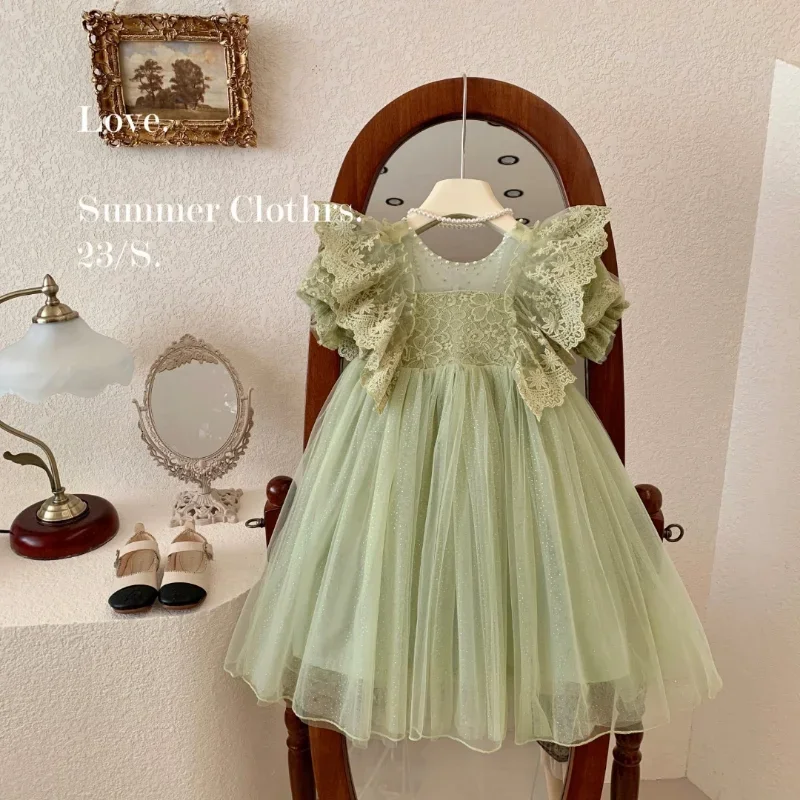 Children\'s Princess Dress In Green Korean Style Baby Party Dress with Lace Pearl Mesh Flare Sleeves Suitable for Summer E23344