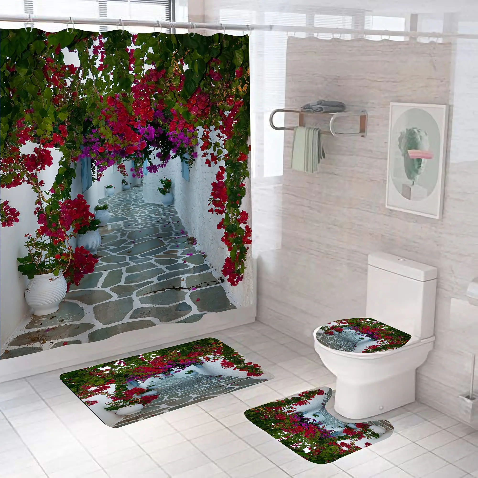 Alley Flowers Shower Curtain Sets Garden Alley Stone Alley Street View Bathroom Curtain Sets Non Slip Rugs Toilet Cover Bath Mat