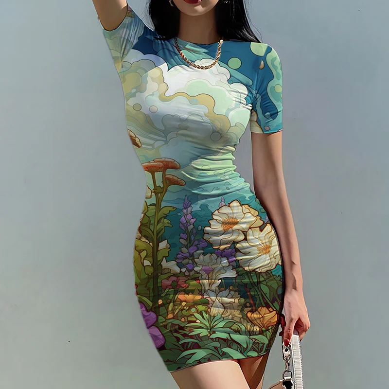 Summer new lady slim dress garden landscape 3D printed lady dress fashion beautiful lady slim dress trend casual lady slim dress