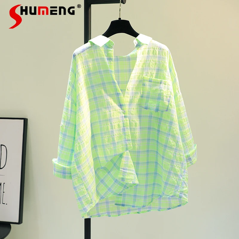 2023 Spring Summer Ladies Green Single Pocket Cotton Linen Plaid Blouse New Korean Style Loose Casual Women Shirt Fashion Top