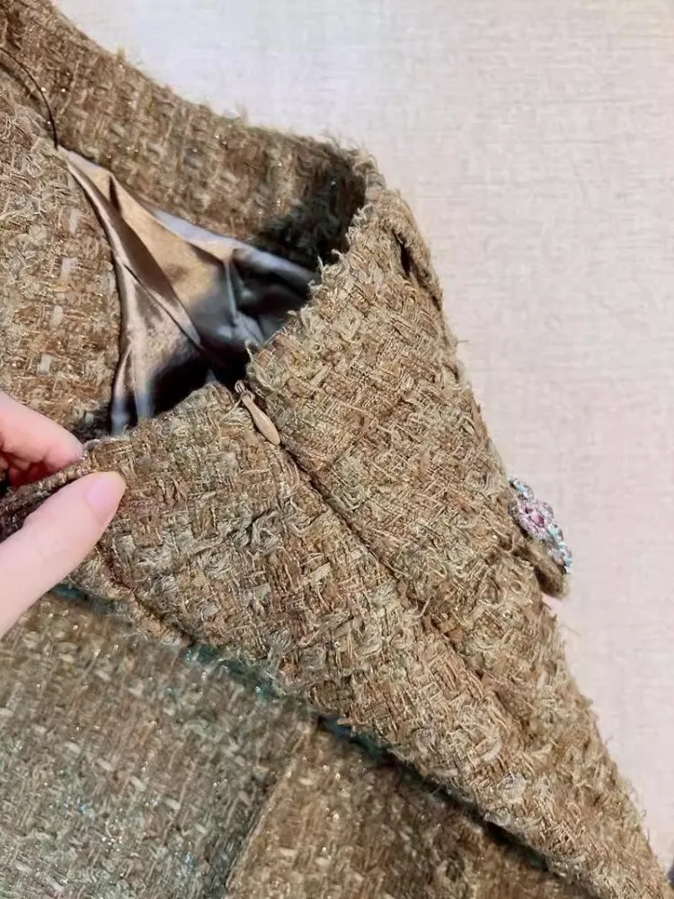 Conjunto de duas peças primavera outono moda feminina diamante tweed jaqueta curta cintura alta saia plissada senhoras vintage doce conjuntos combinando