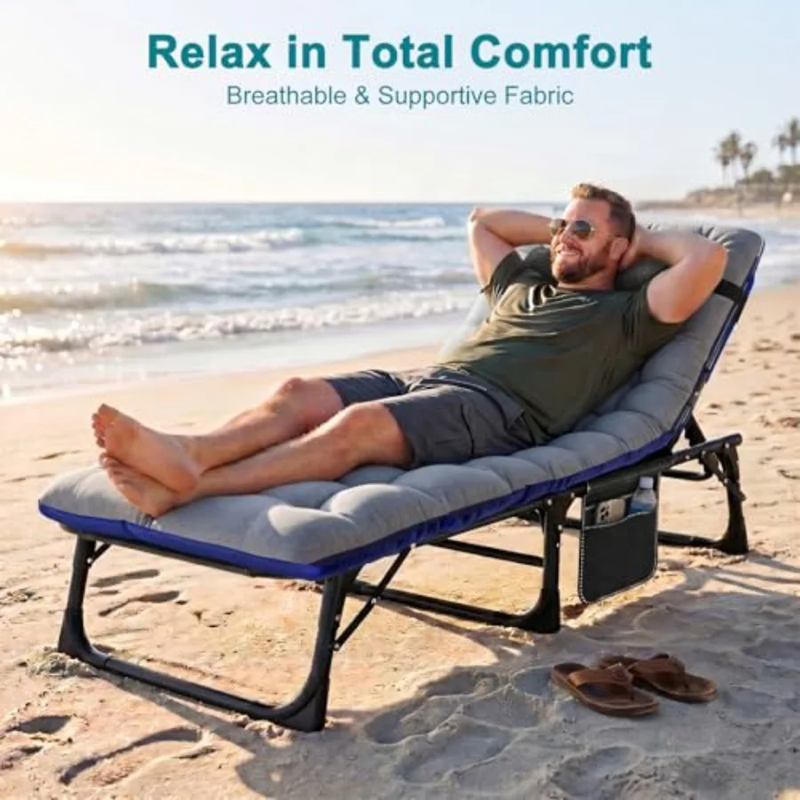 Tanning Chairs, 2 Pack, Black Polyester Padded Folding Loungers with 5-Position Adjustable Backs, Comfortable Mats and Pillows,