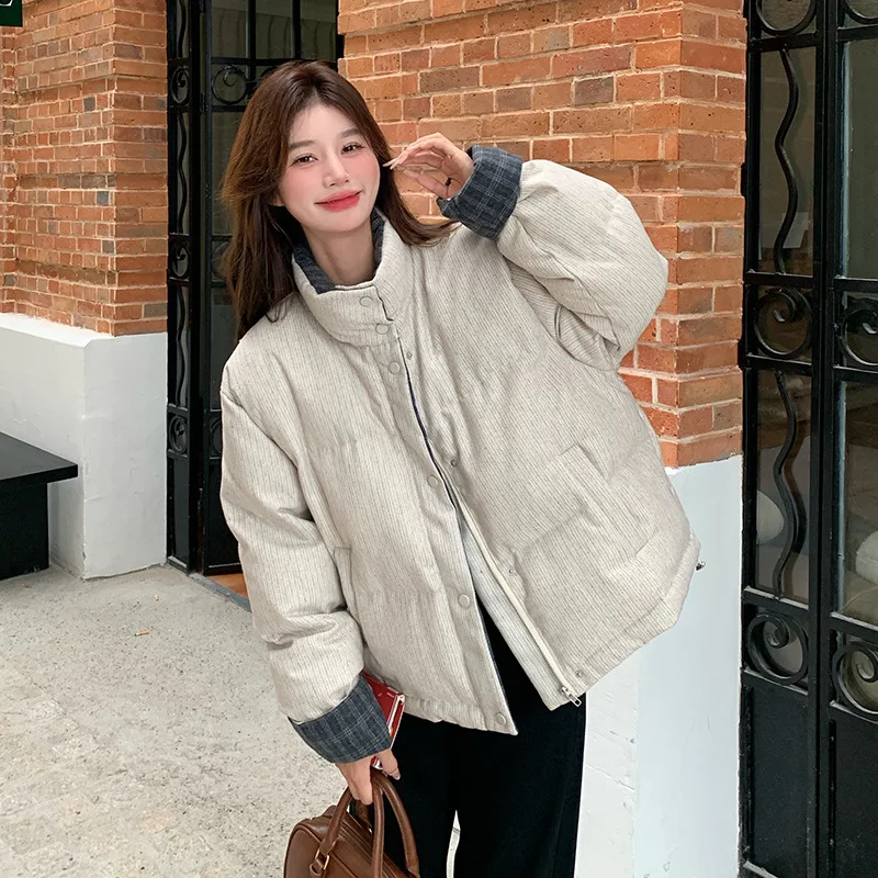 Damska kurtka puchowa na co dzień, uniwersalna, zimowa, nowa, w stylu koreańskim, retro, z pionowymi paskami, designerska, z wysokim kołnierzem, krótka.