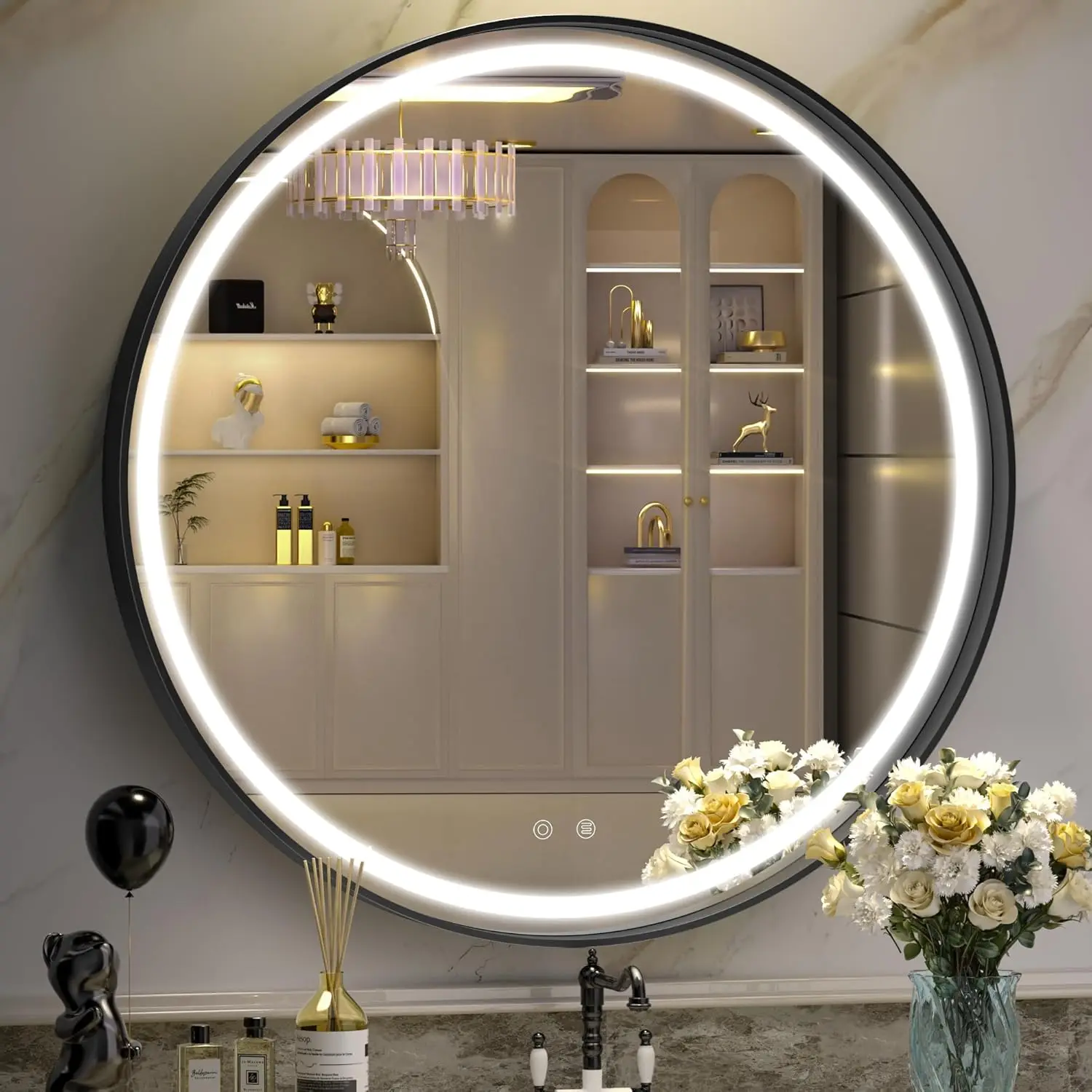 30” Led Bathroom Mirror With Light, Round Black Metal Frame Bathroom Mirrors For Vanity Anti-Fog, Dimmable, 3 Colors