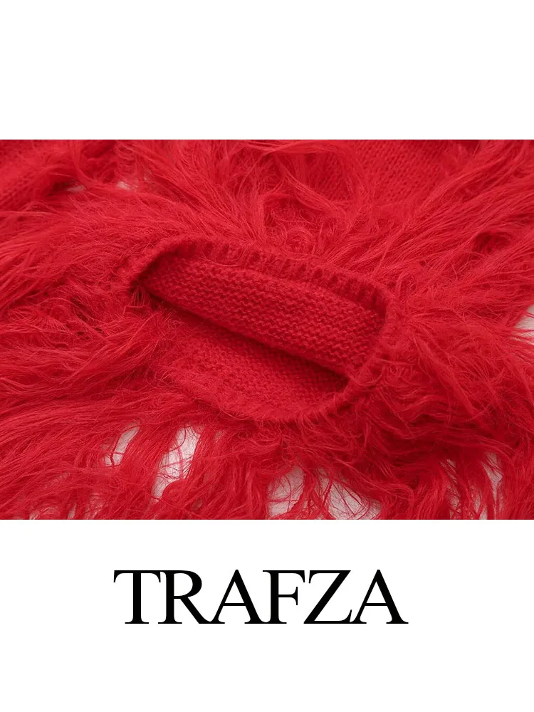 Trafza Herbst Frauen neue runde Kragen Langarm Strickjacke weibliche Mode pelzigen Spleißen einreihige Strickjacke