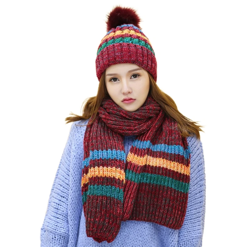 Women Winter Crochet Knitted 2 Pieces Beanie Hat Long Scarf Shawl Wrap Set Contrast Colored Striped Thick Plush Lined