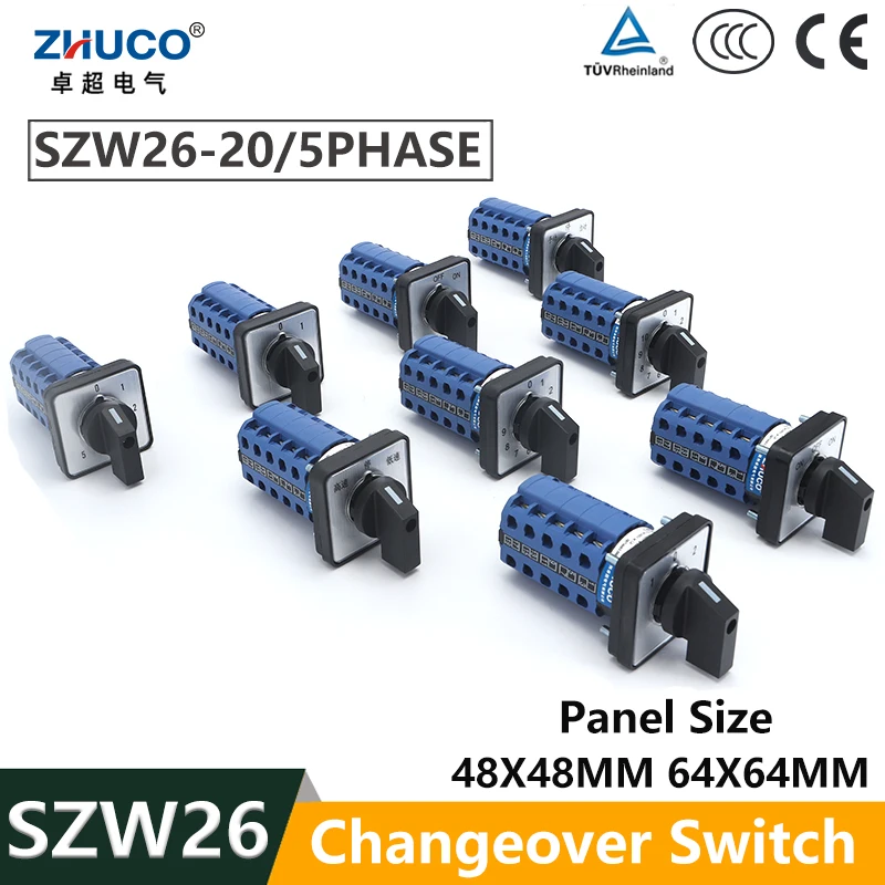 

ZHUCO SZW26/LW26-20 5 Poles 20A 660V 64X64 mm 48X48 mm Control Motor Circuit Knob Selection Cam Rotary Changeover Switch