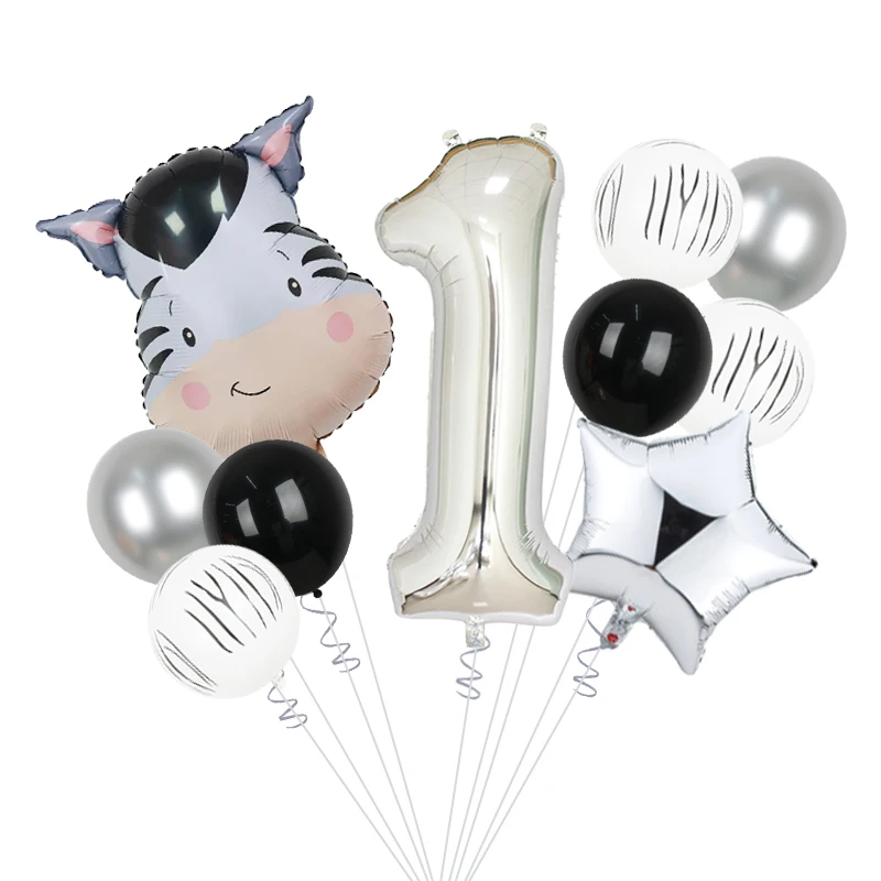10 Stück Niedliche Zebra-Kopf-Ballons 40 Zoll Silberne Nummern 1-9 Geburtstagsballon-Set Cartoon-Tier-Themen-Party-Dekoration
