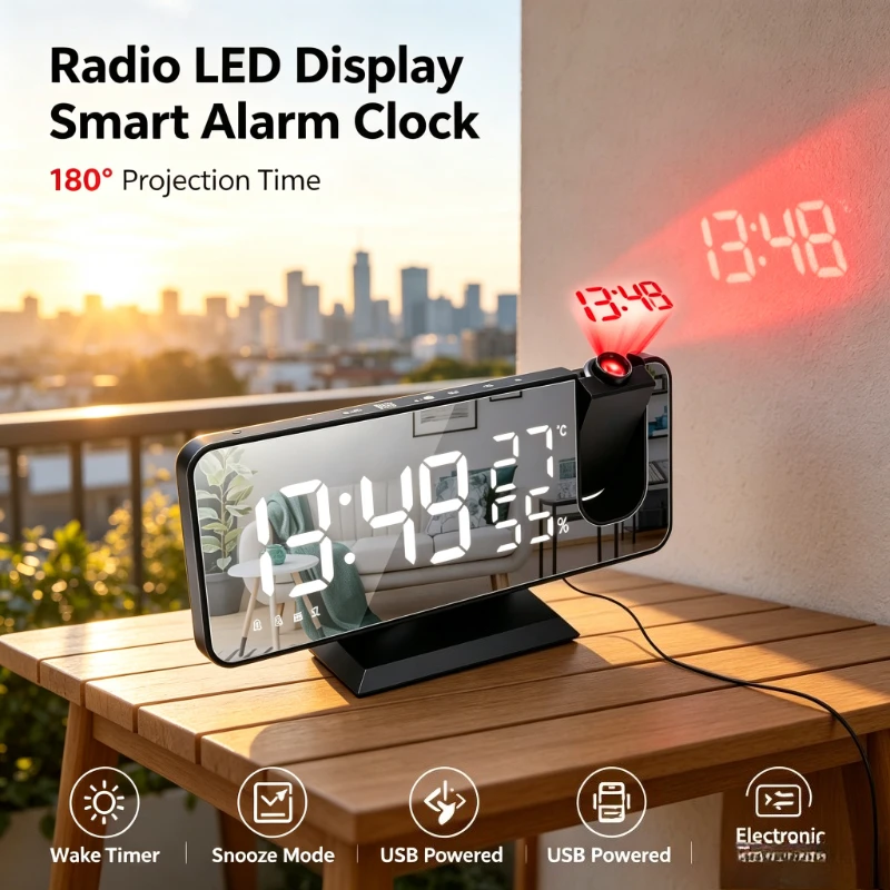 180째 Projection Alarm Clock LED Display Radio Desktop Electronic Clock USB with Snooze Mode