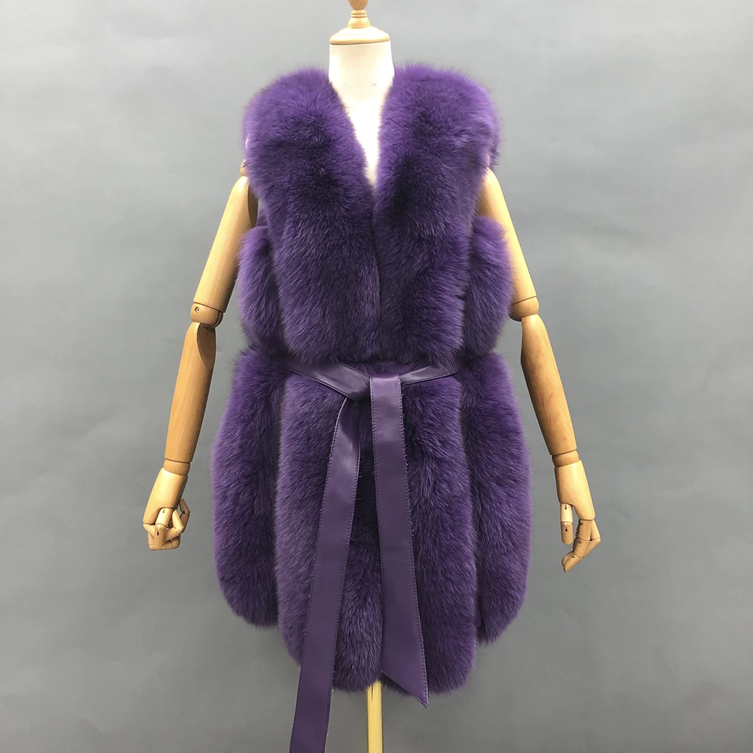 MISSJANEFUR 2022 Fur Coat Women Purple Luxury Real Fox Fur Vest Gilet Fashion Belted Female Winter Jackets