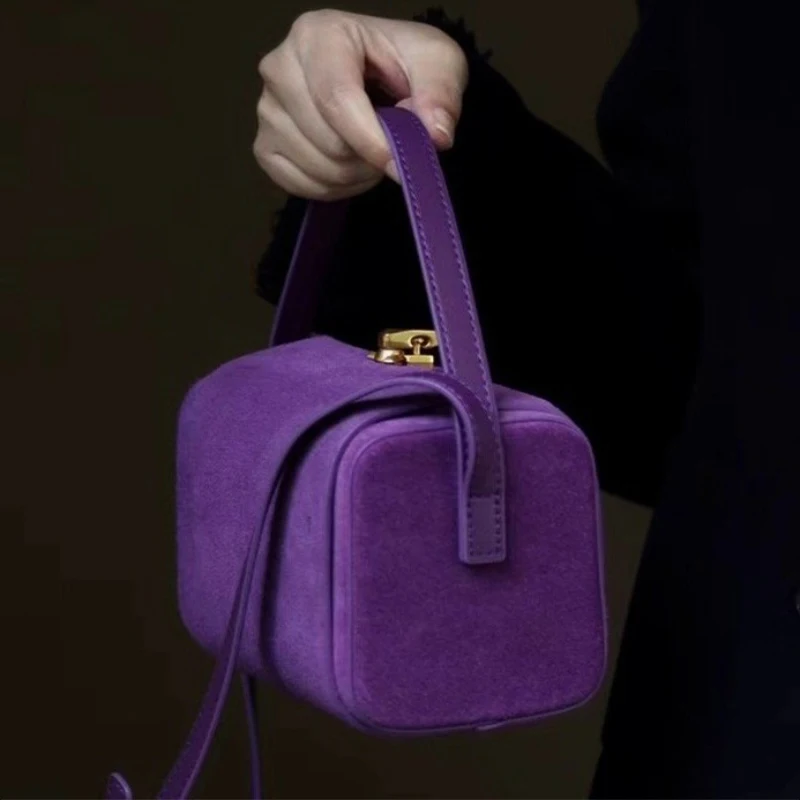 High-end Purple Women's Handbag Luxury Lock Design Crossbody Bags Vintage Frosted Square Bag New Simple Multifunctional Box Bags