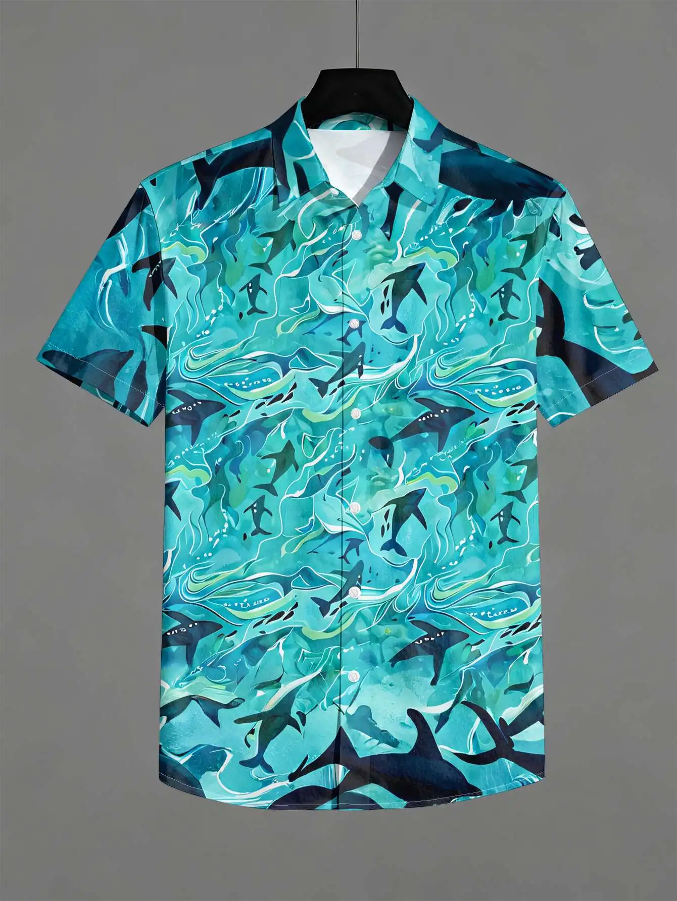 Men's Shirt Ocean Shark Wave Print Short Sleeve Lapel Button Shirts Summer Beach Vacation Casual Tops Men Clothing