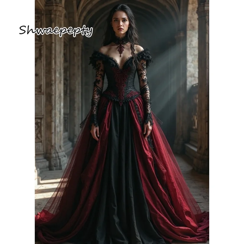 Classic Gothic Wedding Dress Steampunk Corset A-Line Vintage Bridal Gown 2025 Customized Dark Red And Black Bride Dresses