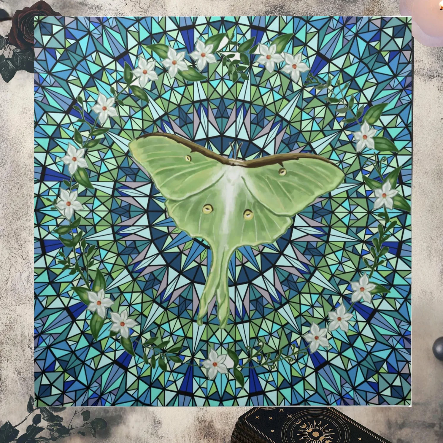 Mystical Stained Glass Luna Moth tablecloth, Green Moon Moth Altar Cloth, Witchcraft Spiritual Decor