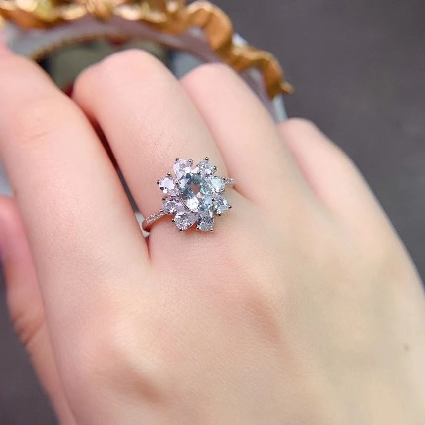 Natural Light Blue Aquamarine Ring Solid 925 Silver Aquamarine JewelryClassic Aquamarine Wedding Ring for Woman 5mm*7mm