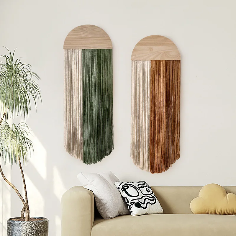 Nordic Creative Wall Hanging Handwoven Half Circle Wood Board Tapestry with Fringe for Living Room