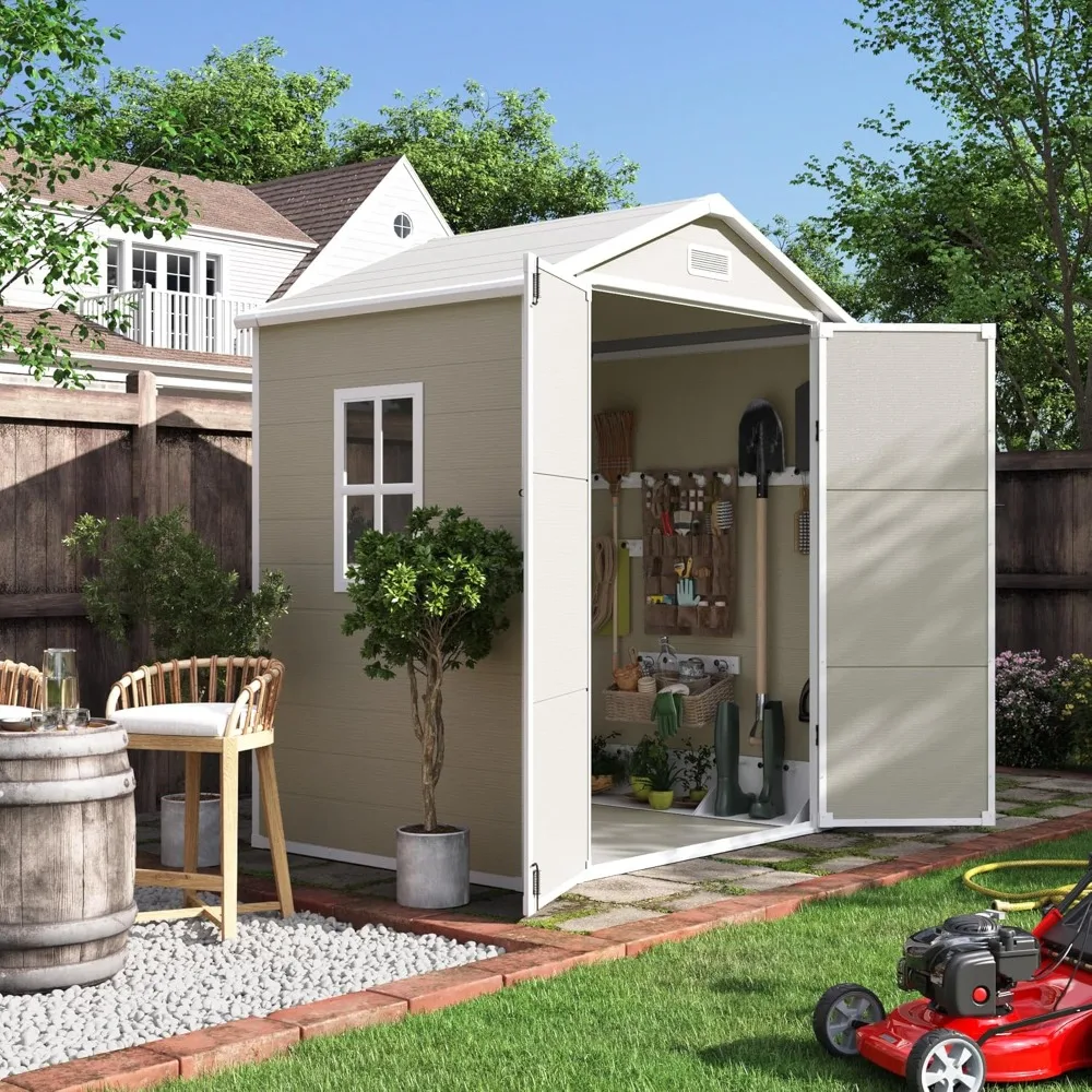 Storage Shed 6x4.5 FT, Plastic Resin Outside Sheds & Outdoor Storage for Trash Can,  Tool Shed with Lockable Door  Sandstone