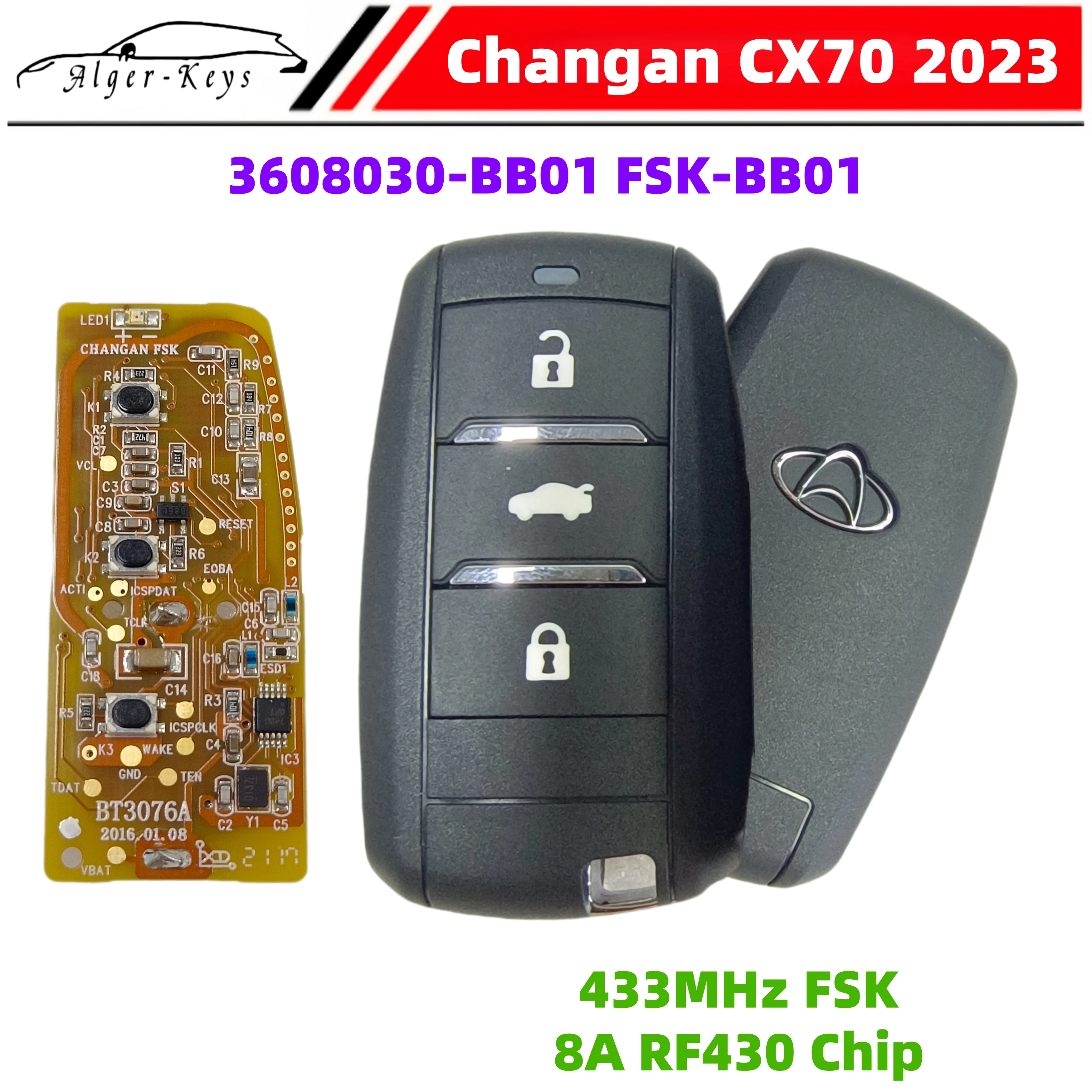 Algernon-keys Genuine Original OEM Genuine Smart Key 3 Buttons For Changan CX70 2023 433Mhz 8A Chip 3608030-BB01 FSK-BB01