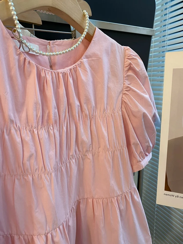 Sweet Pink Ruffle Sve irt Women's Loose Tummy Covering ort Doll Top round Ne Commute Sle Korean Version Bubble Sve