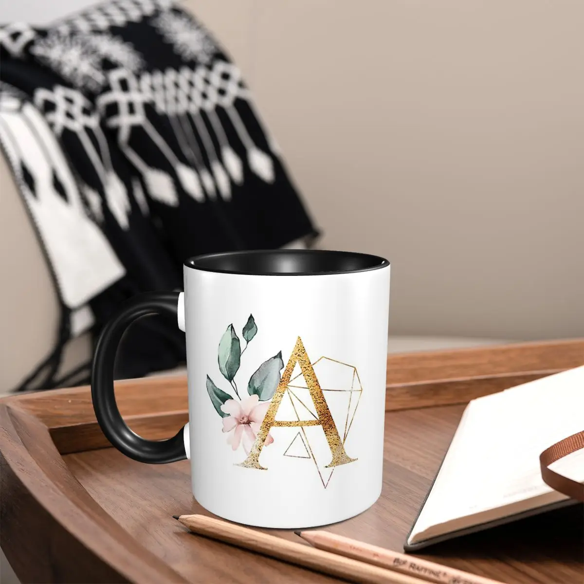 Golden Ethereal Floral Monogram A Mug Funny Ceramic Coffee Cups Tea Mugs Milk Cup Drinkware Gifts for Woman Man