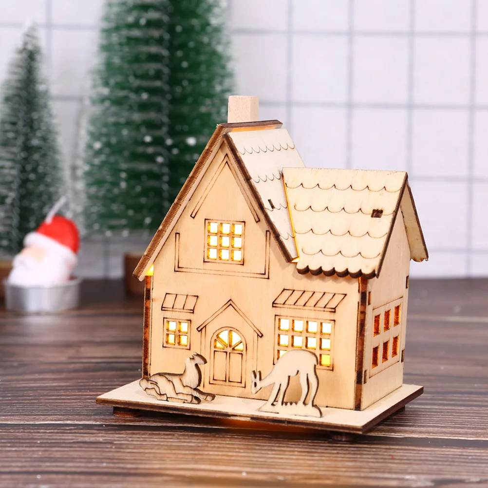 LED Christmas House Ornament Wooden Illuminated Cabin Desk Decorations for Tree Ornaments