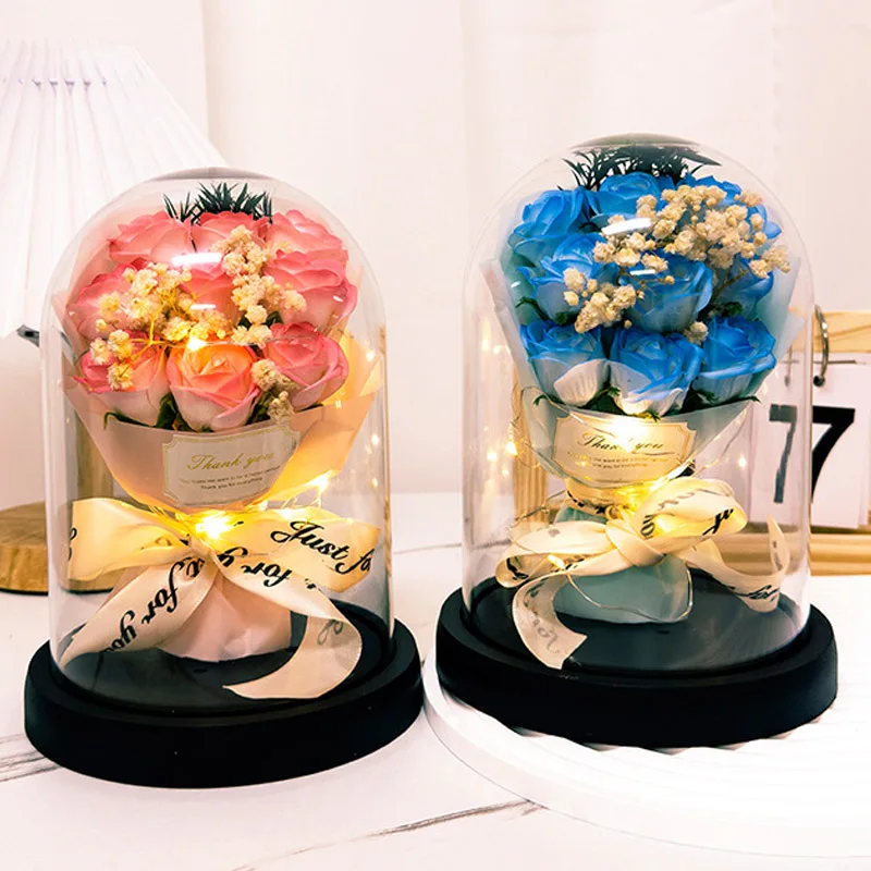 Eternal LED Light Acrylic Cover Flower Valentines Day Gift Wedding Party Decor Flower Set Transparent Rose Holiday Party Gift