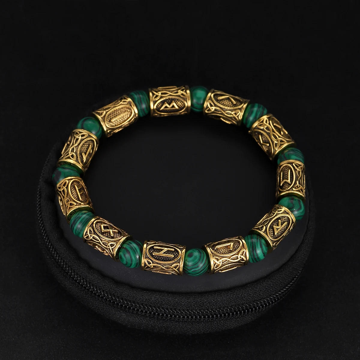 Ethnic Viking Runes Malachite Bracelet 8Mm Natural Stone Stainless Steel Gold Color Bead Bracelets for Men Bangles Jewelry Gift