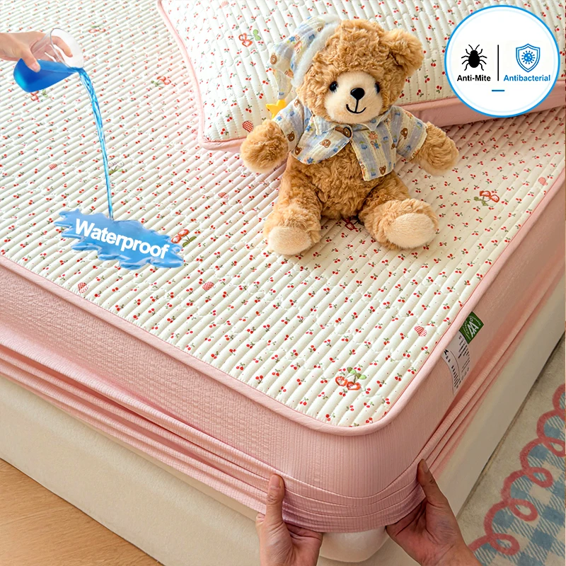 Waterproof Fitted Mattress Protector, Anti‑Mite Antibacterial Mattress Cover with Deep Pocket, Soft Breathable Floral Bed Sheet