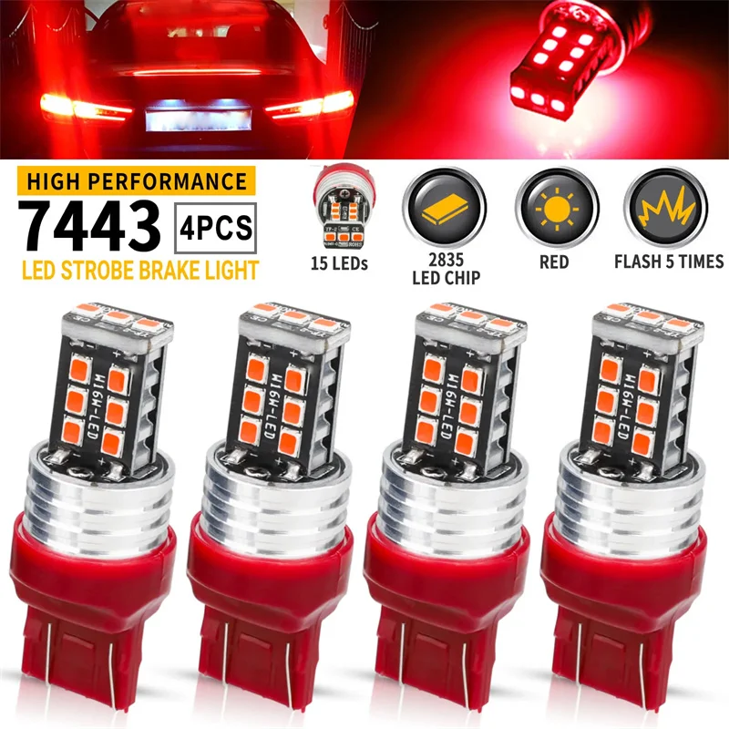 4Pcs 7443 7440 Red Flashing Strobe Blinking Rear Alert Safety Brake Tail Stop Light High Power LED Light Bulbs