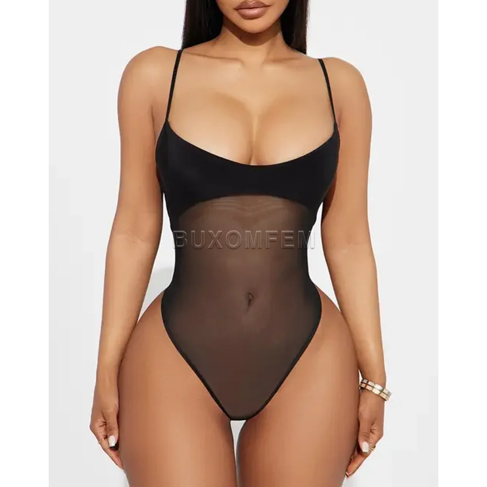 

Женский черный прозрачный сетчатый комбинезон-стринги, эластичный, дышащий, сексуальный, бесшовный, стильный, корректирующий фигуру, 2026