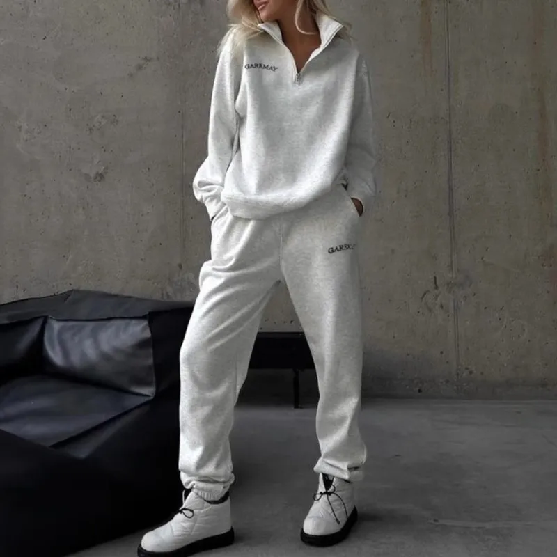 Women's Cotton Half Zipper Pullover Top Trouser Two Piece Set Spring Autumn Women's Fashion Casual Solid Sports Trouser Suits