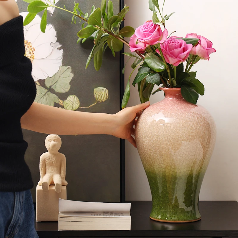Home New Chinese Flower Arrangement Living Room Entrance Ice Crackle Ancient Ceramic Vase Flower Decorative Desktop Ornaments