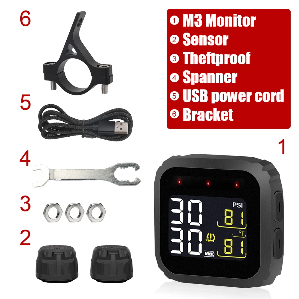 M3 Moto Display LCD sistema di monitoraggio della pressione dei pneumatici Moto in tempo reale TPMS sensori esterni impermeabili Wireless