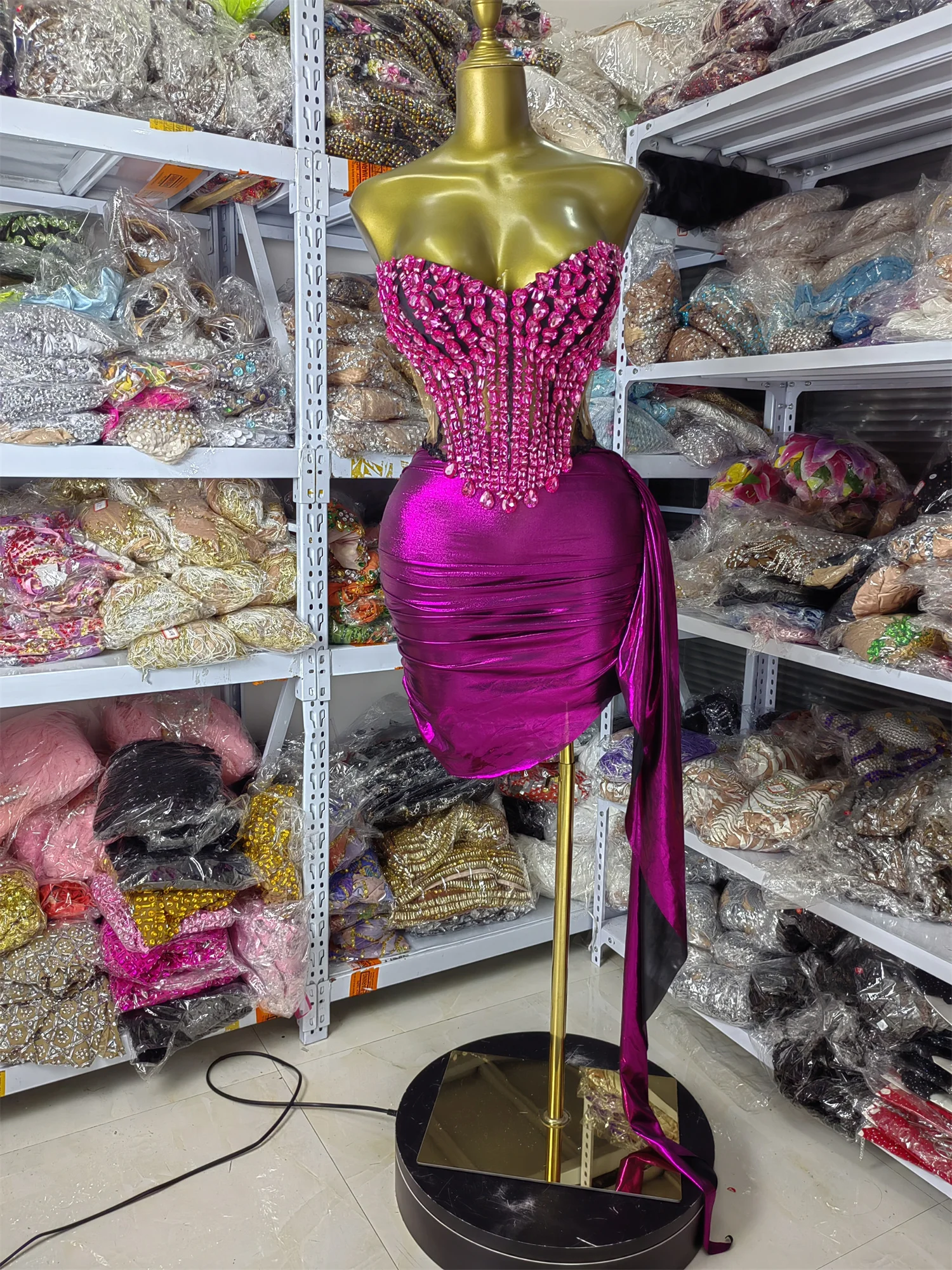 

Women Evening Club Party Outfit Bright Purplish Strapless Crystal Corset Top And Mini Trailing Skirt Two Pieces Sets Nightwears