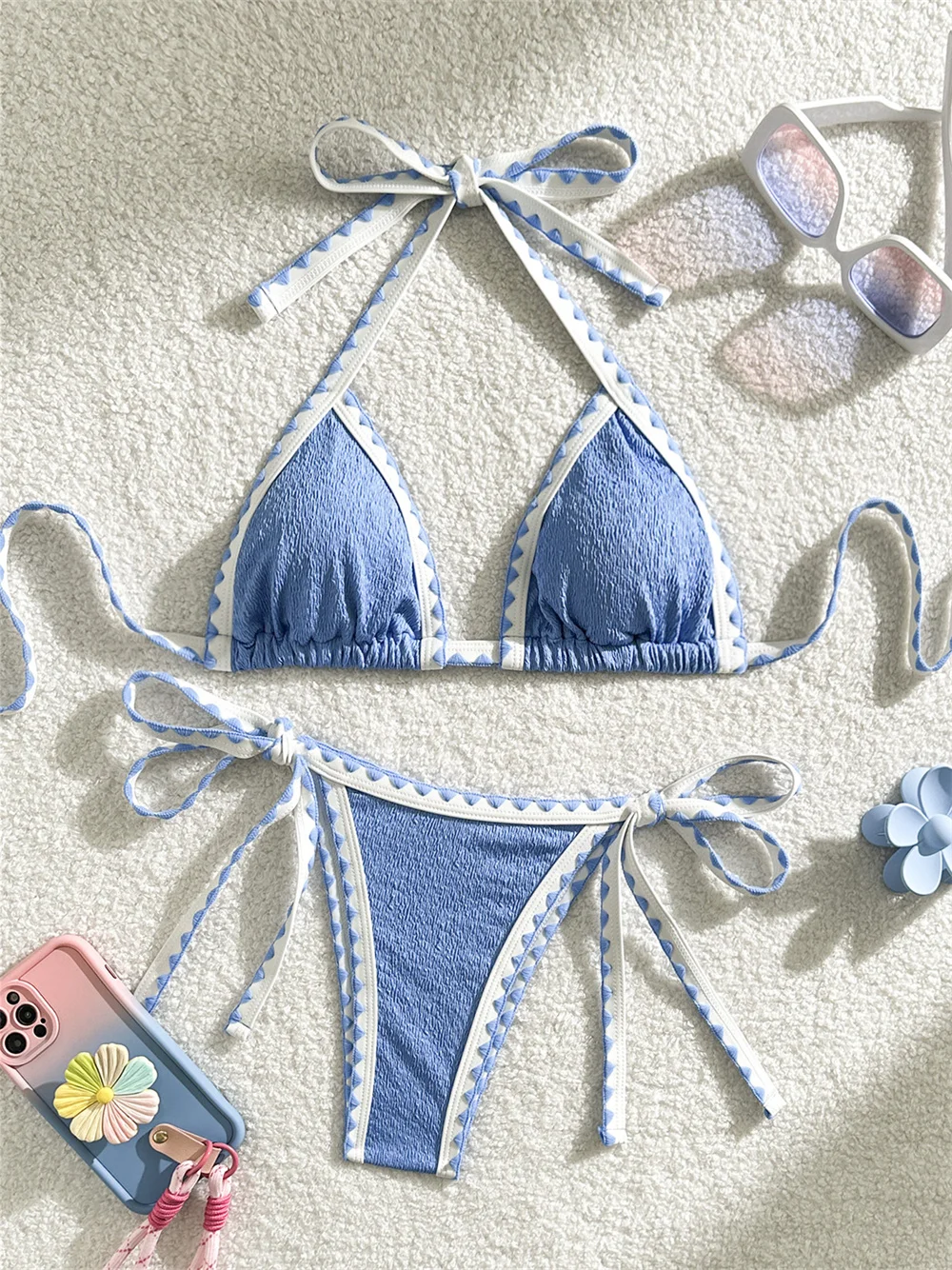 Bikini arrugado con tirantes festoneados para mujer, traje de baño Sexy Y2K con espalda descubierta, trajes de baño para vacaciones, traje de baño, Bikinis para nadar