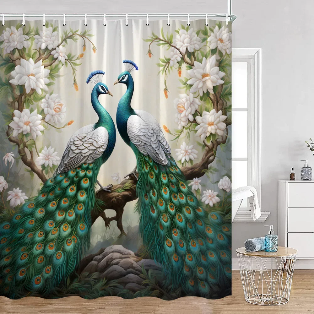 Peacock Shower Curtain Beautiful Blue Bird Pink Flower Tree Chinese Style Elegant Bath Curtain Modern Bathroom Decor with Hook